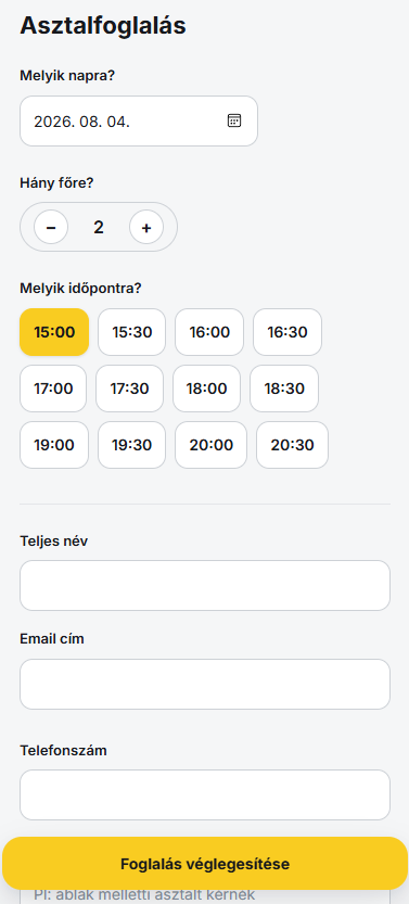 A Tablify online asztalfoglalási űrlapja: dátum, létszám, időpont és elérhetőség megadása